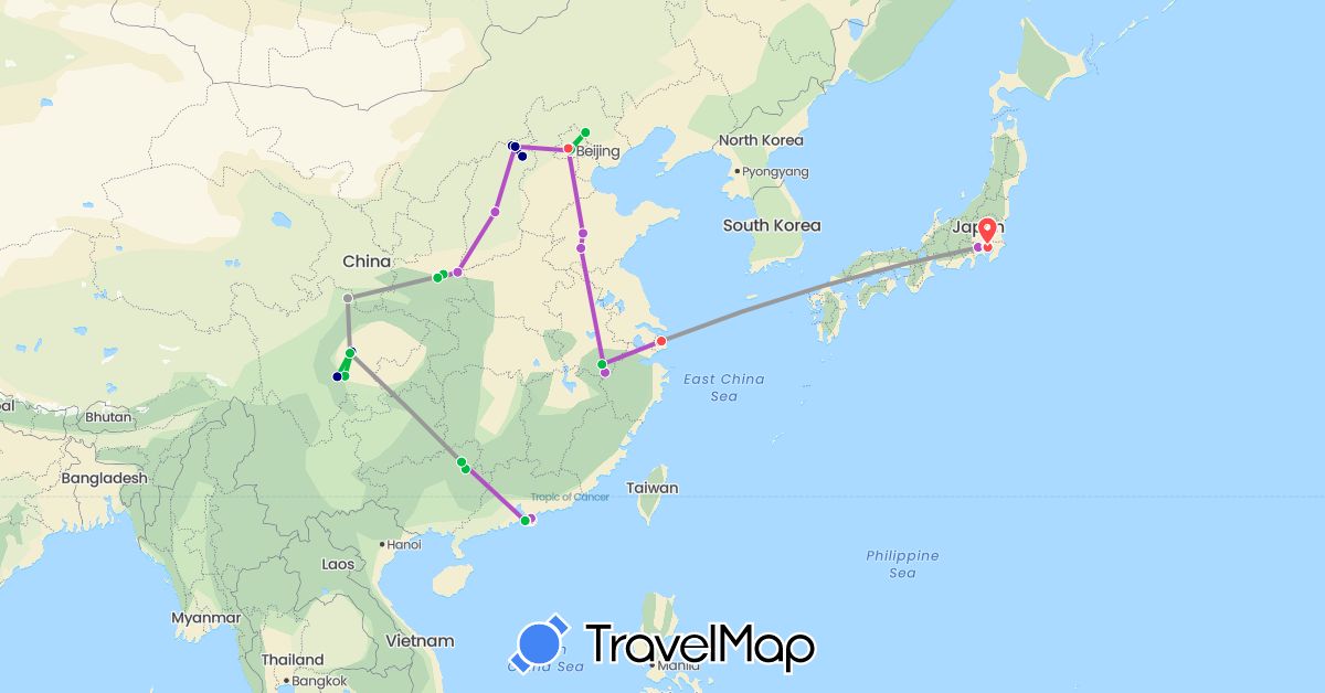 TravelMap itinerary: driving, bus, plane, train, hiking in China, Hong Kong, Japan (Asia)