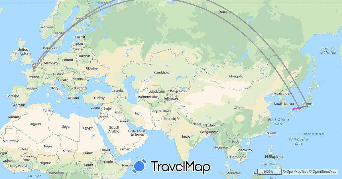 TravelMap itinerary: driving, bus, plane, train in France, Japan, Netherlands (Asia, Europe)